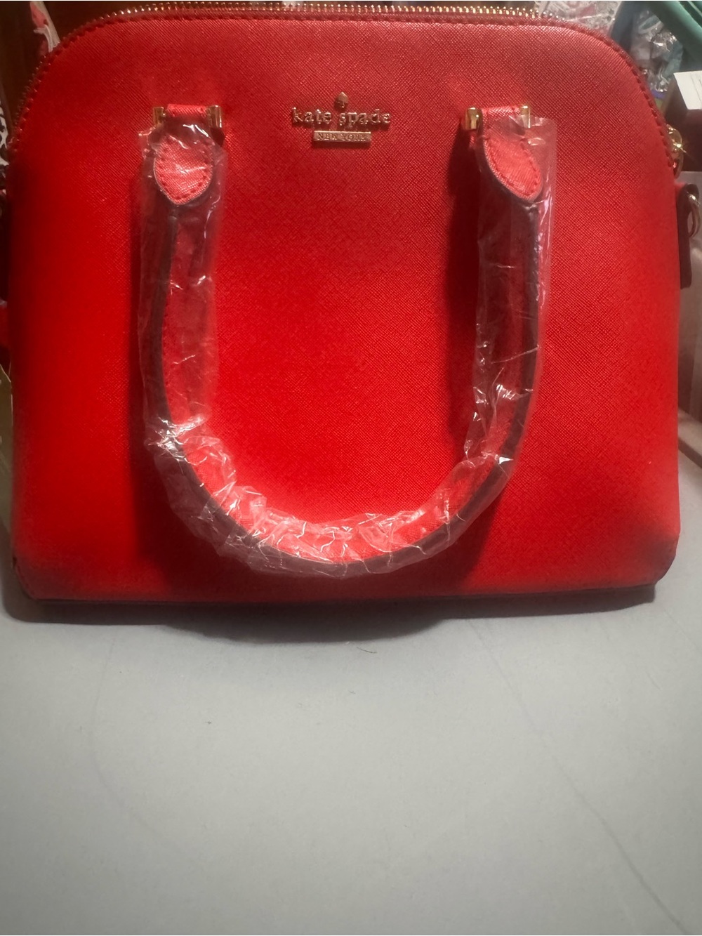 kate spade Red Saffiano Dome Satchel with Gold Hardware